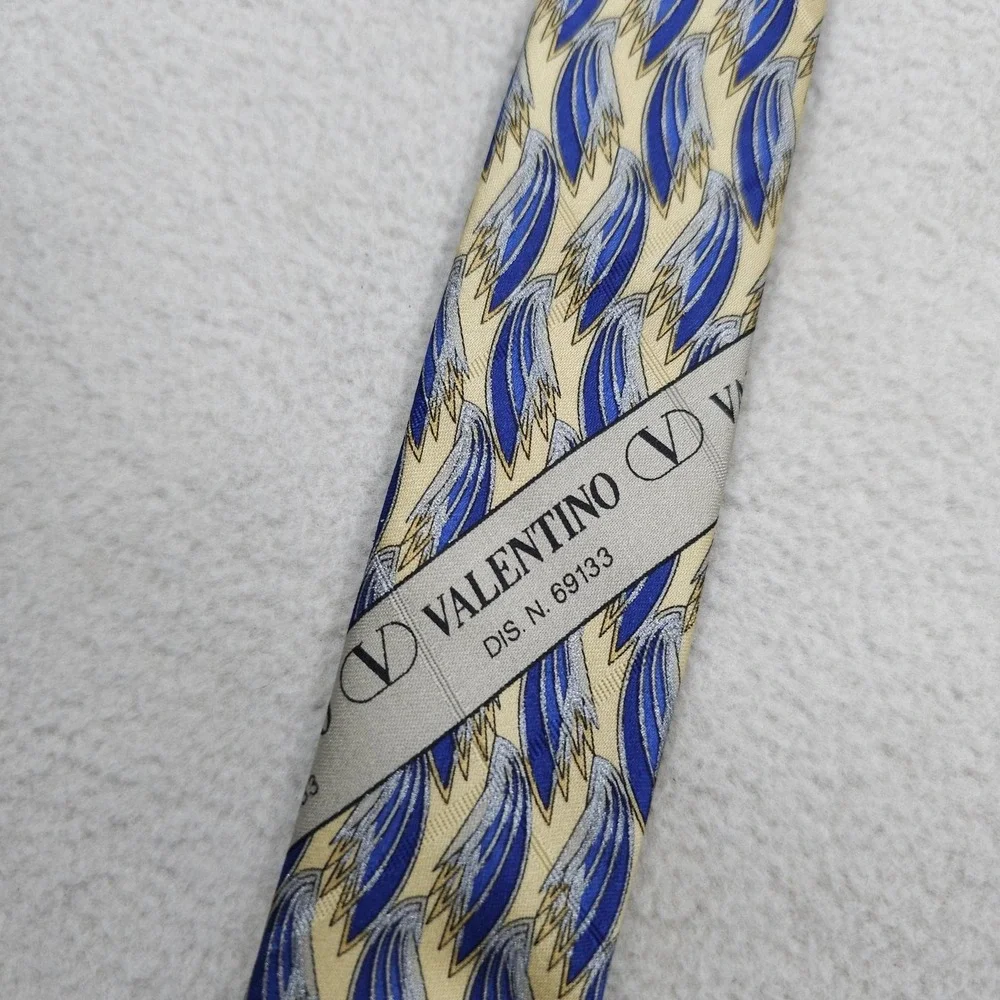 Valentino Cravatte Tie Mens Blue Beige Abstract Feather 100% Silk Italy Necktie